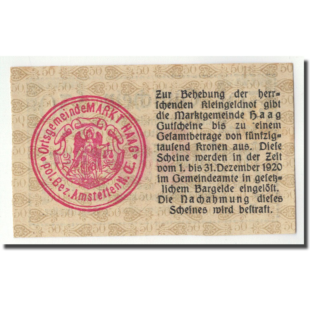 Geldschein, Österreich, Haag, 50 Heller, ecusson 3, 1919, 1919-12-20, UNZ-
