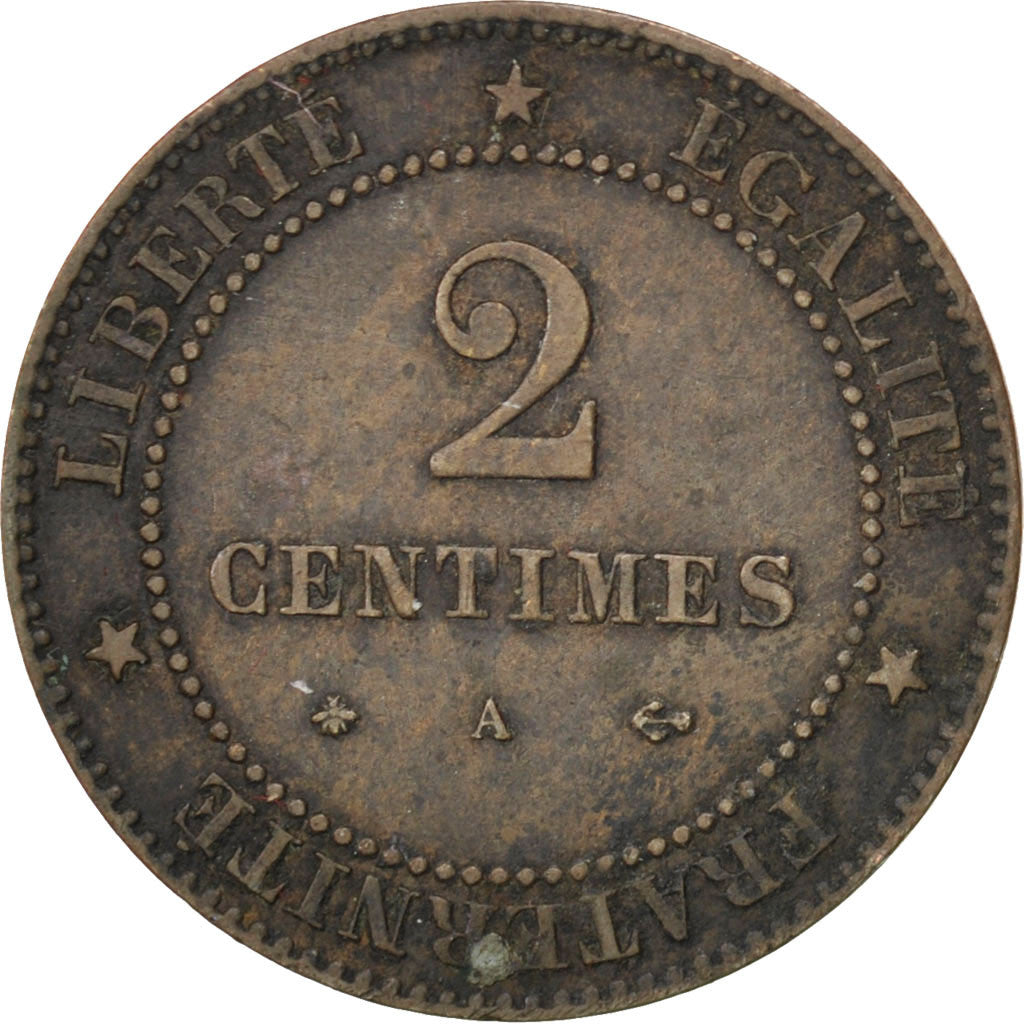 Moneda, Francia, Cérès, 2 Centimes, 1877, Paris, MBC, Bronce, KM:827.1
