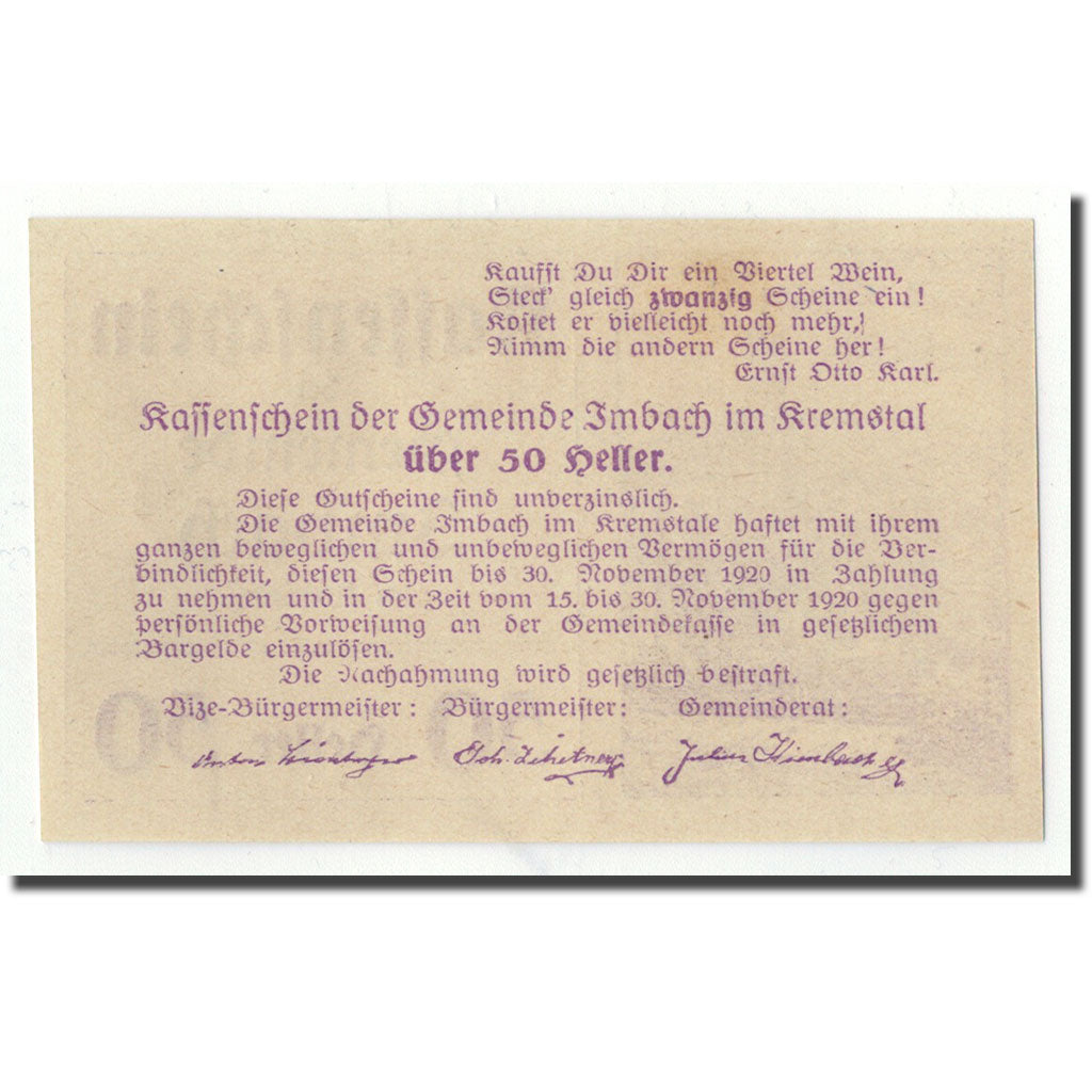 Banknote, Austria, Imbach, 50 Heller, paysage, 1920, UNC(63), Mehl:FS 404 IIa