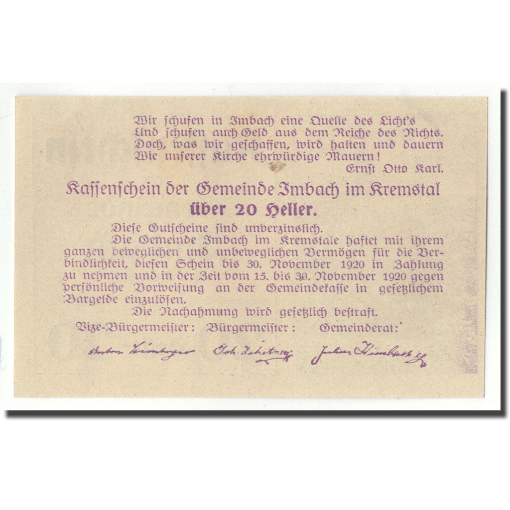 Banknote, Austria, Imbach, 20 Heller, paysage, 1920, UNC(63), Mehl:FS 404 IIa