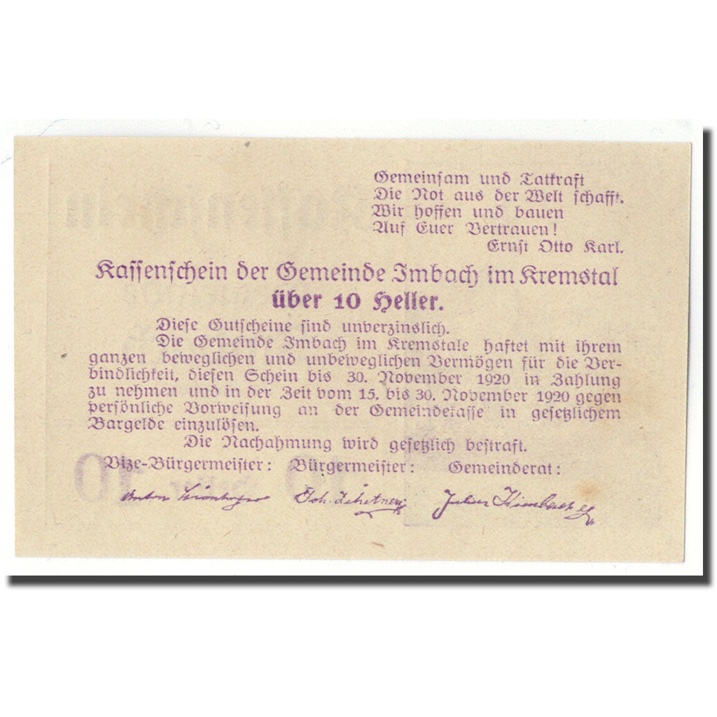 Banknote, Austria, Imbach, 10 Heller, paysage, 1920, UNC(63), Mehl:FS 404 IIa