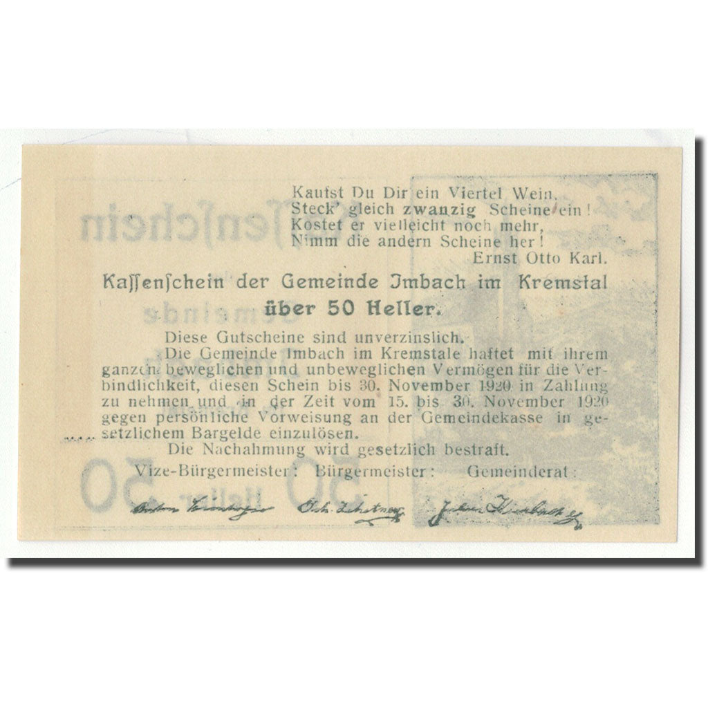 Geldschein, Österreich, Imbach, 50 Heller, paysage 1, 1920, UNZ-, Mehl:FS 404