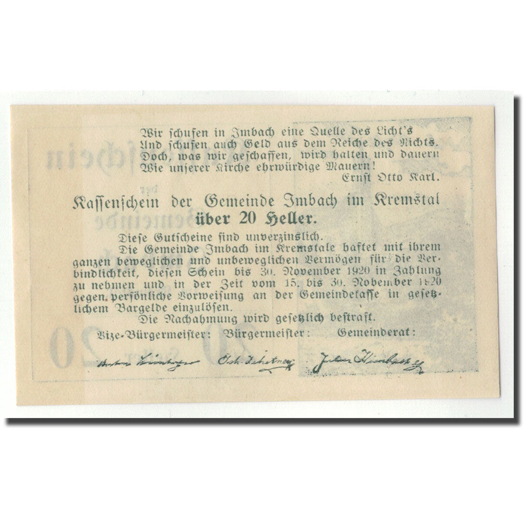 Geldschein, Österreich, Imbach, 20 Heller, paysage 1, 1920, UNZ-, Mehl:FS 404