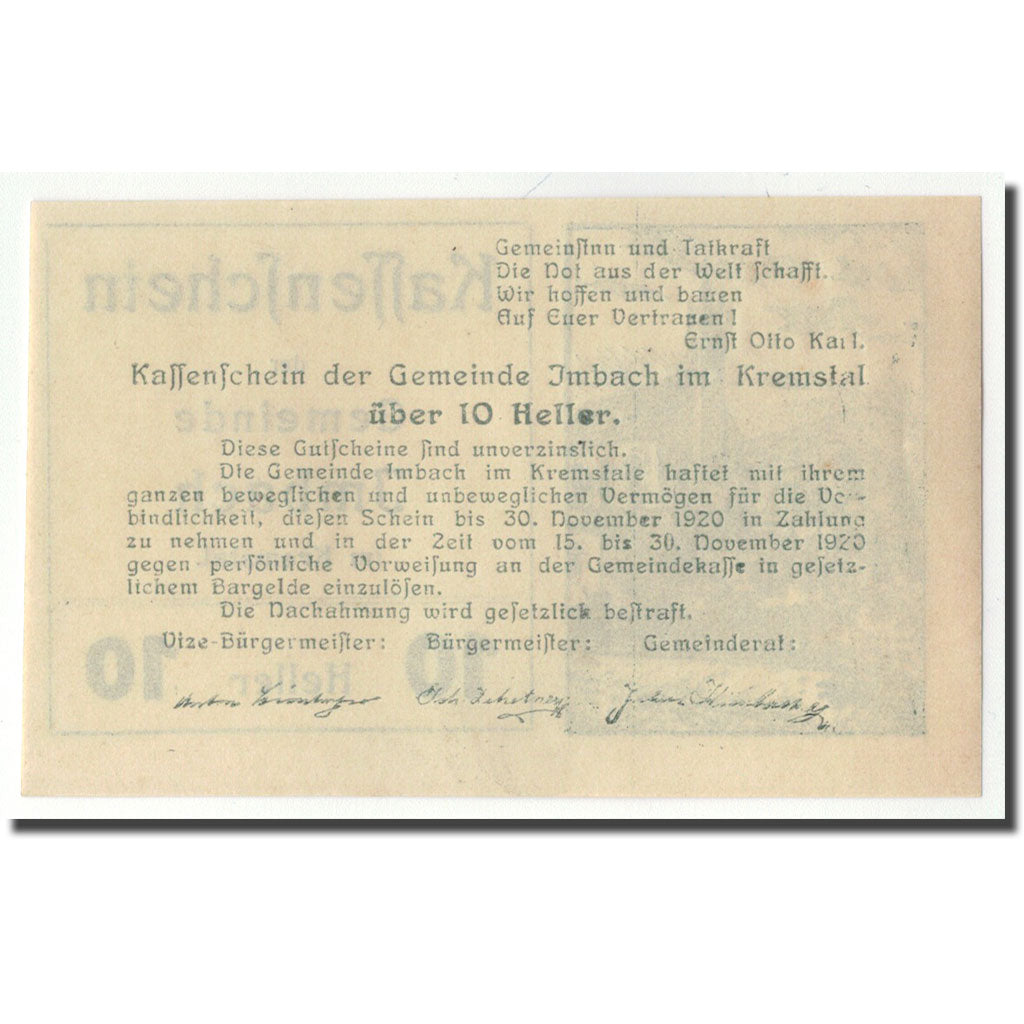 Geldschein, Österreich, Imbach, 10 Heller, paysage 1, 1920, UNZ-, Mehl:FS 404