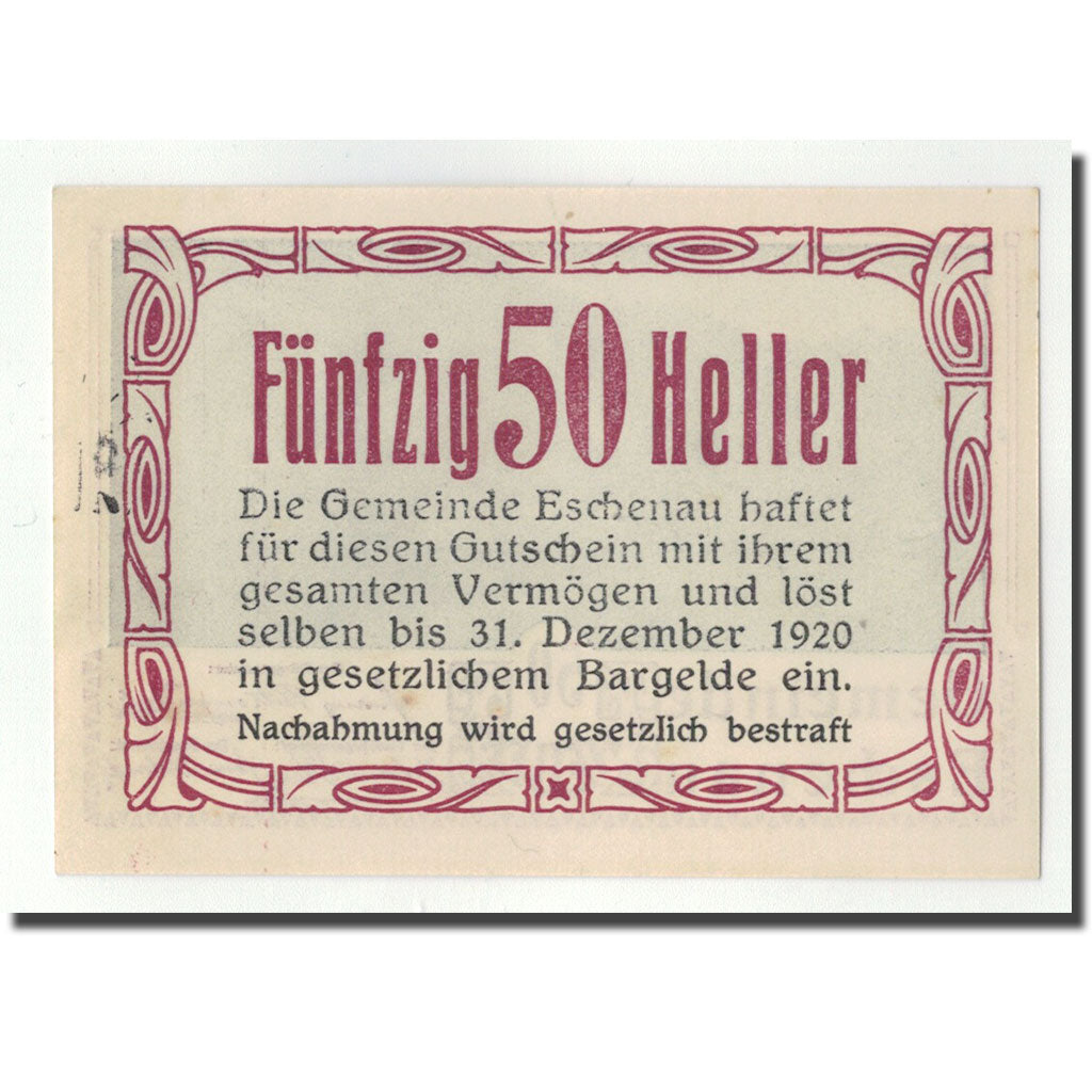 Geldschein, Österreich, Eschenau, 50 Heller, paysage, 1920, UNZ-, Mehl:FS 186a