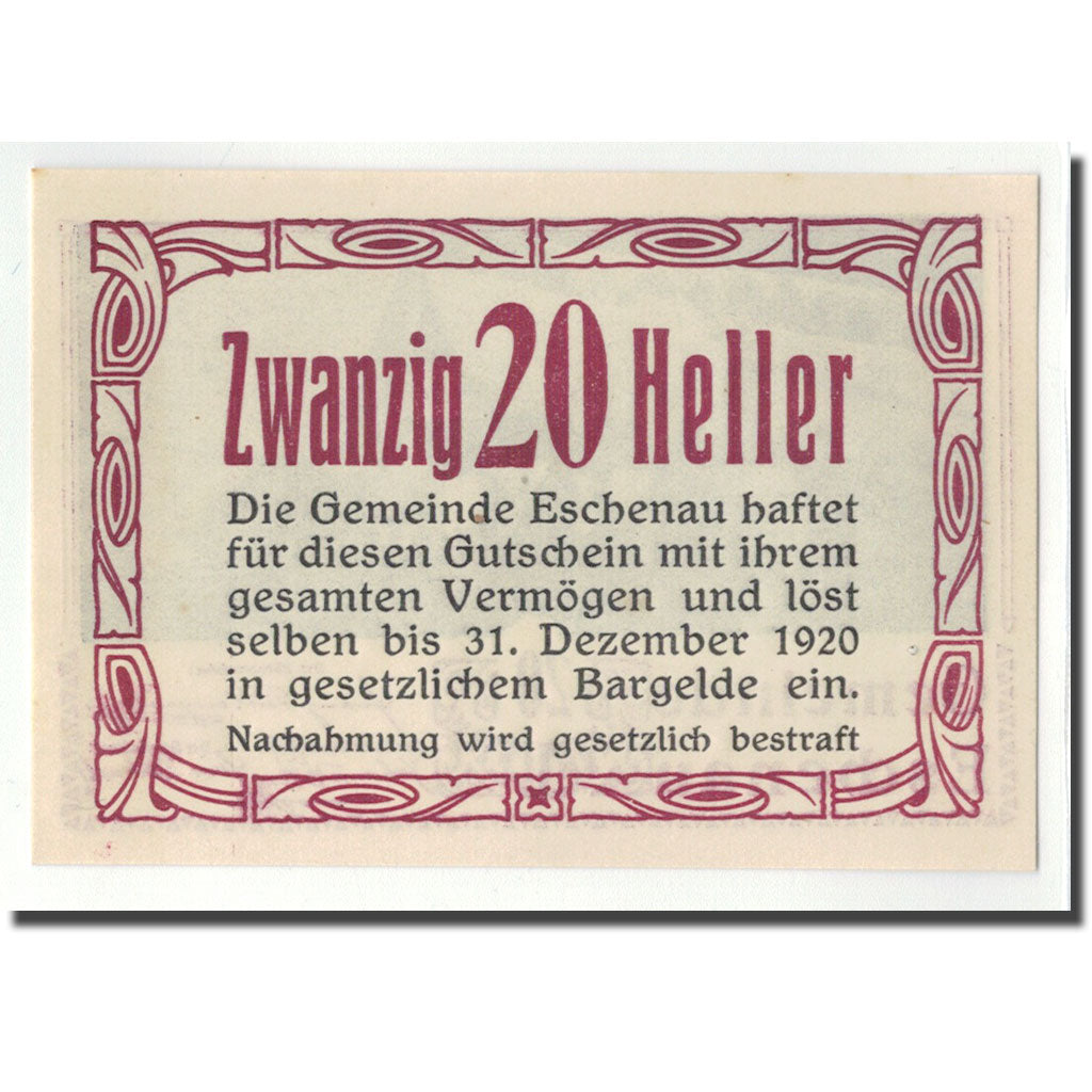 Geldschein, Österreich, Eschenau, 20 Heller, paysage, 1920, UNZ-, Mehl:FS 186a