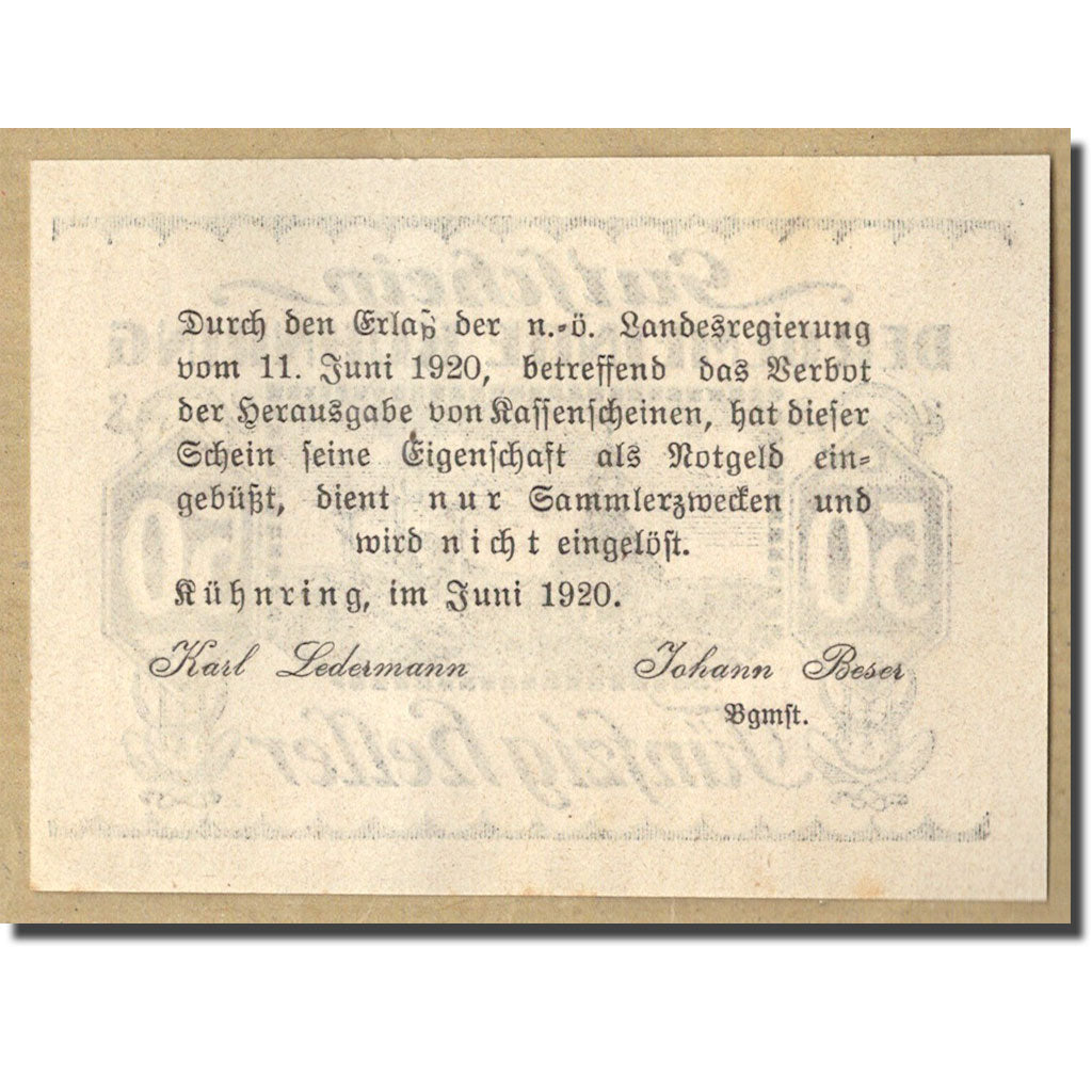 Banknote, Austria, Kuhnring, 50 Heller, paysage, 1920, UNC(63), Mehl:FS 489f