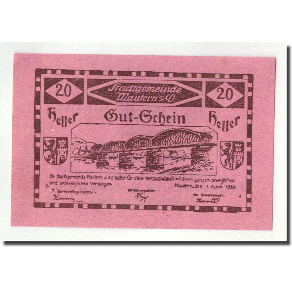 Banknote, Austria, Mautern, 20 Heller, pont, 1920, 1920-04-02, UNC(63), Mehl:FS