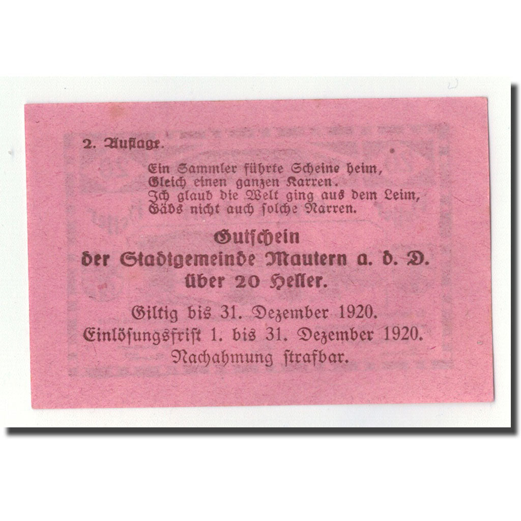 Banknote, Austria, Mautern, 20 Heller, pont, 1920, 1920-04-02, UNC(63), Mehl:FS