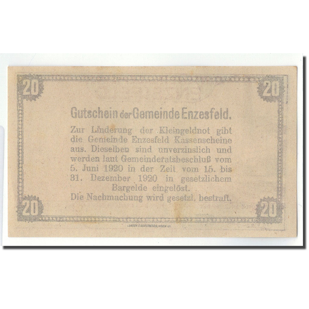 Geldschein, Österreich, Enzesfeld, 20 Heller, paysage, 1920, 1920-06-05, UNZ-