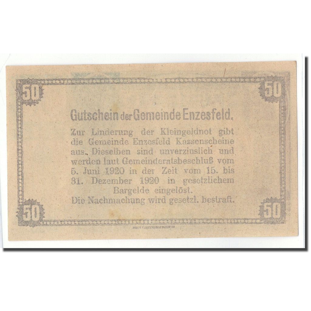 Geldschein, Österreich, Enzesfeld, 50 Heller, paysage, 1920, 1920-06-05, UNZ-