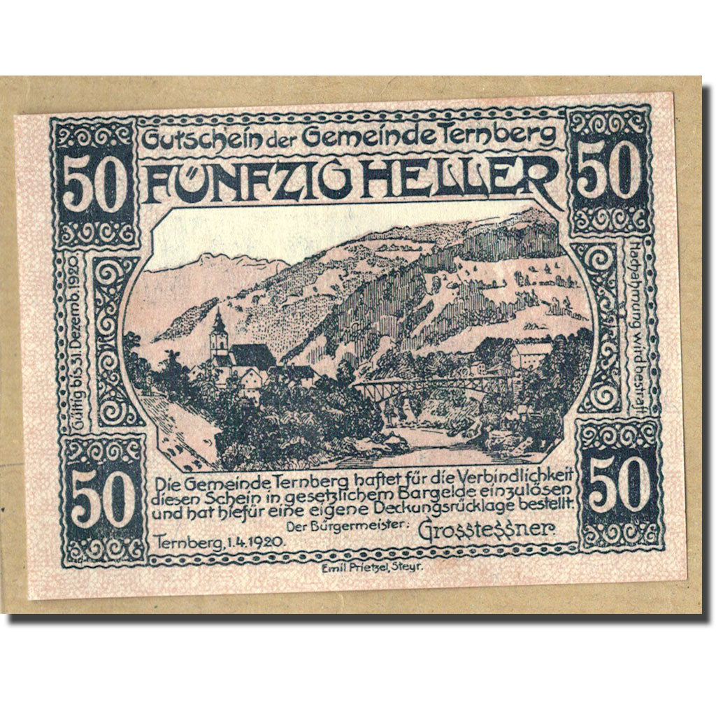 Banknote, Austria, Ternberg, 50 Heller, paysage, 1920, 1920-04-01, UNC(63)