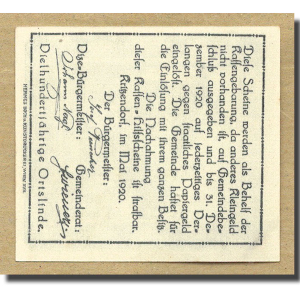 Banknote, Austria, Kritzendorf, 10 Heller, paysage, 1920, UNC(63), Mehl:FS 484a