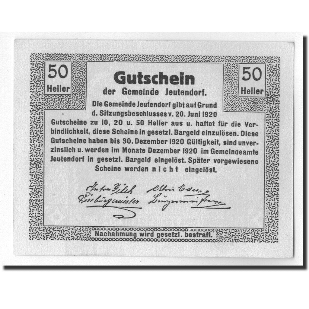 Geldschein, Österreich, Jeutendorf, 50 Heller, château, 1920, 1920-06-20