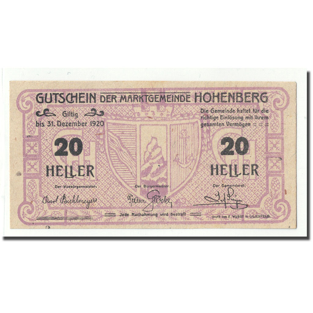 Geldschein, Österreich, Hohenberg, 20 Heller, Ecusson, 1920, UNZ-, Mehl:FS