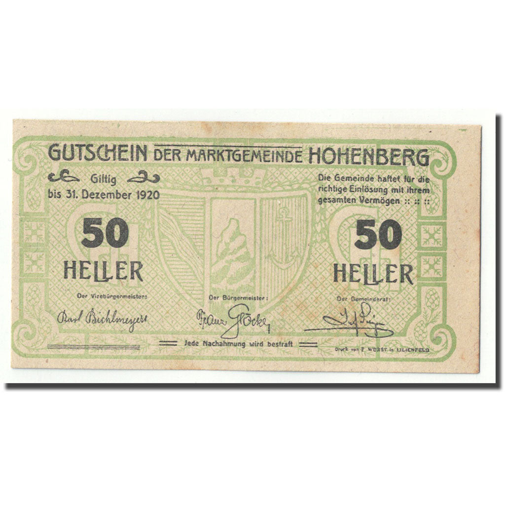 Geldschein, Österreich, Hohenberg, 50 Heller, Ecusson, 1920, UNZ-, Mehl:FS