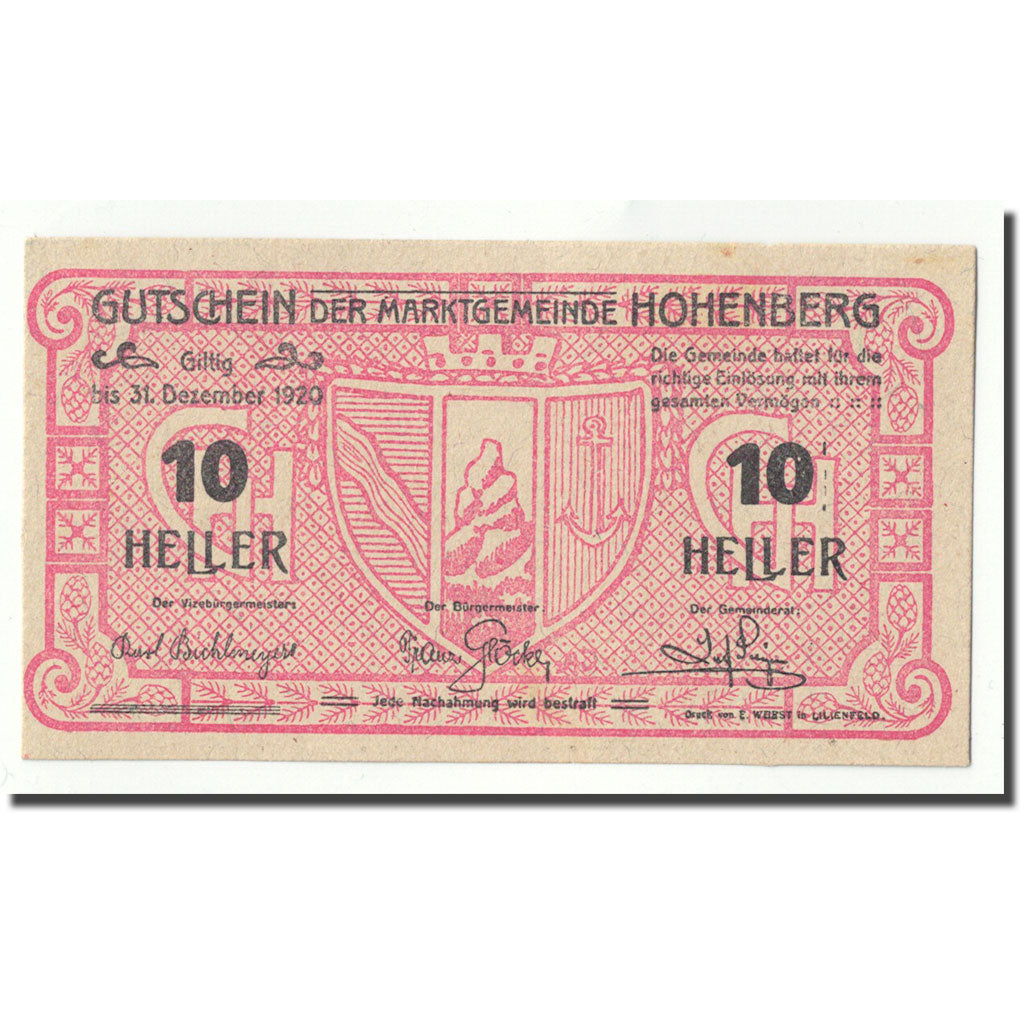 Geldschein, Österreich, Hohenberg, 10 Heller, Ecusson, 1920, UNZ-, Mehl:FS