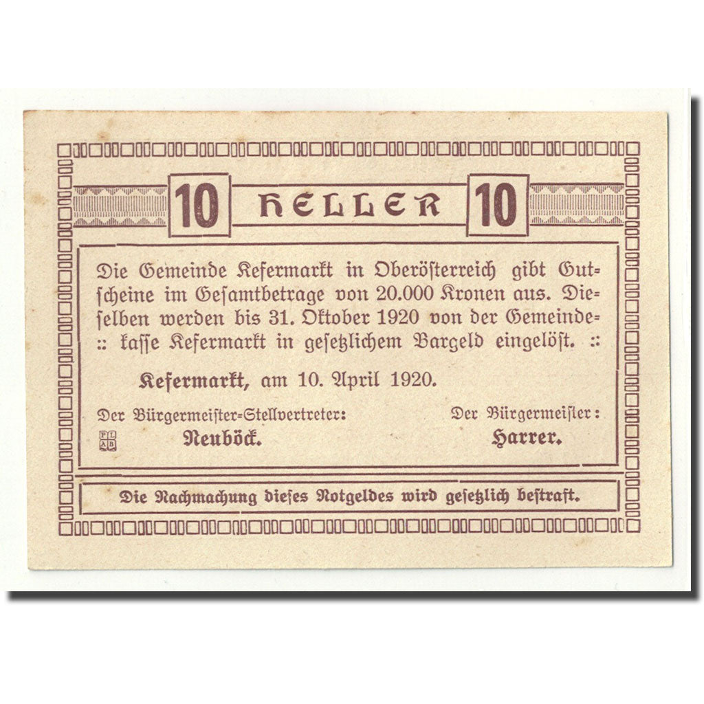 Geldschein, Österreich, Kefermarkt, 10 Heller, paysage, 1920, 1920-04-10, UNZ-