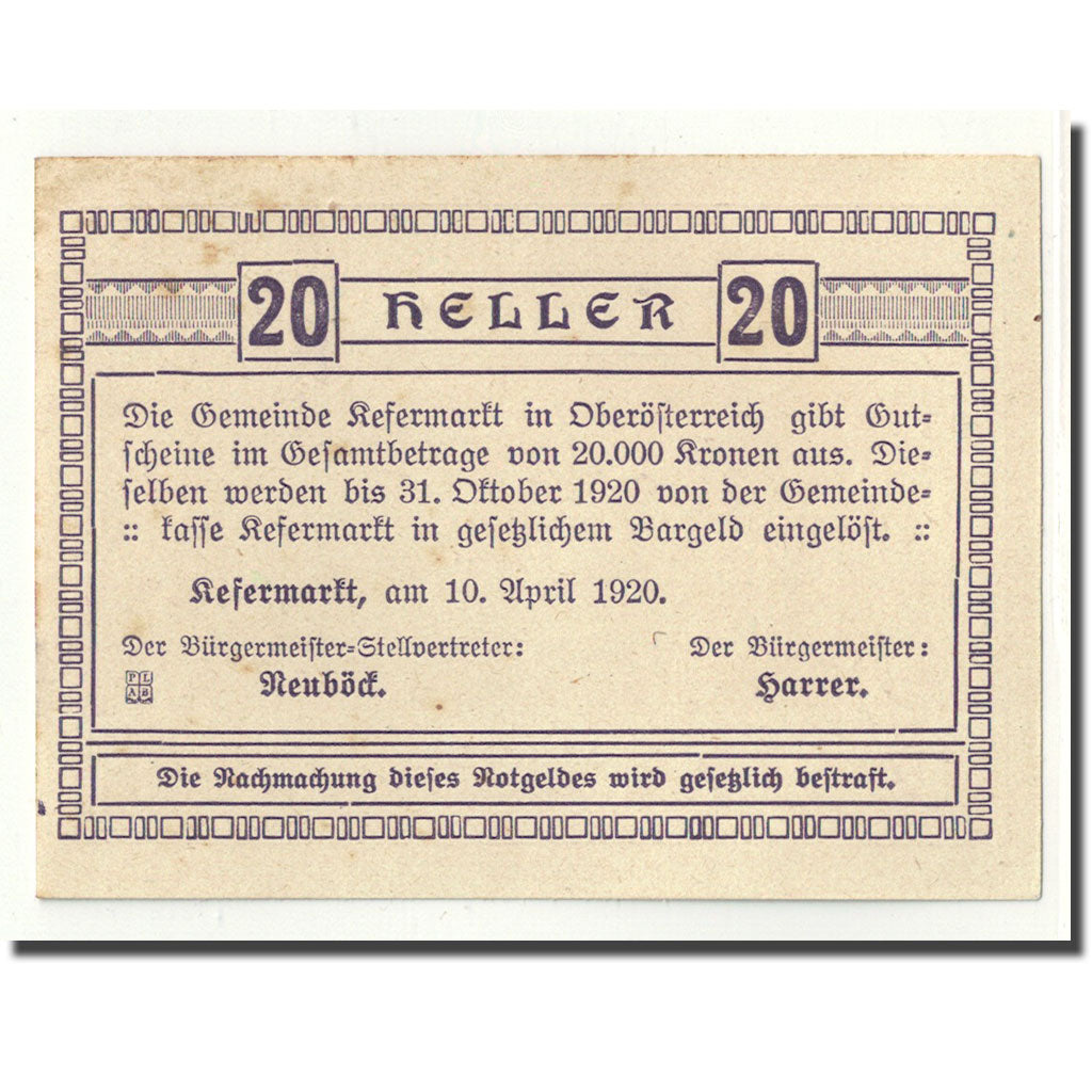 Geldschein, Österreich, Kefermarkt, 20 Heller, paysage, 1920, 1920-04-10, UNZ-