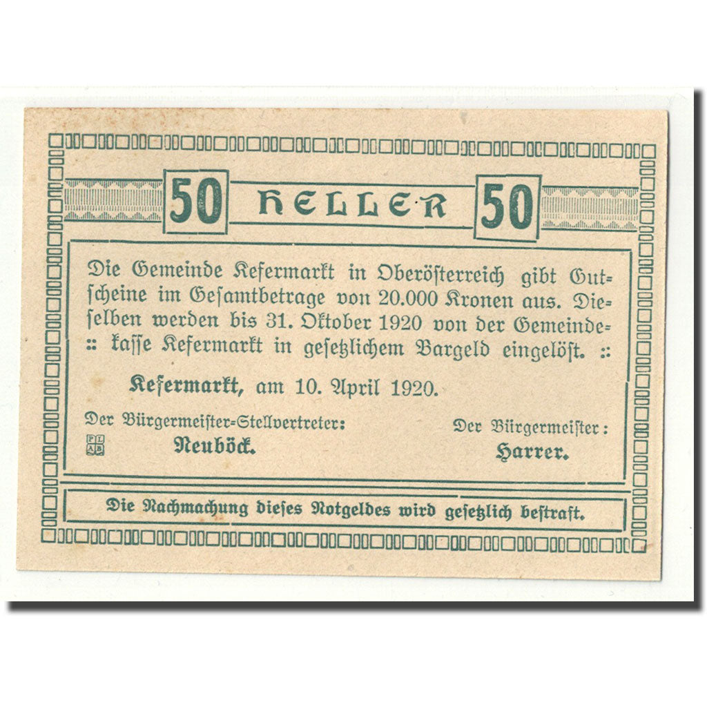 Geldschein, Österreich, Kefermarkt, 50 Heller, paysage, 1920, 1920-04-10, UNZ-