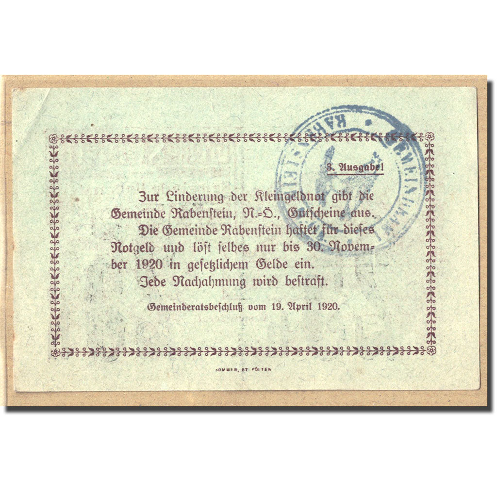 Banknote, Austria, Rabenstein, 50 Heller, paysage, 1920, 1920-04-19, UNC(63)