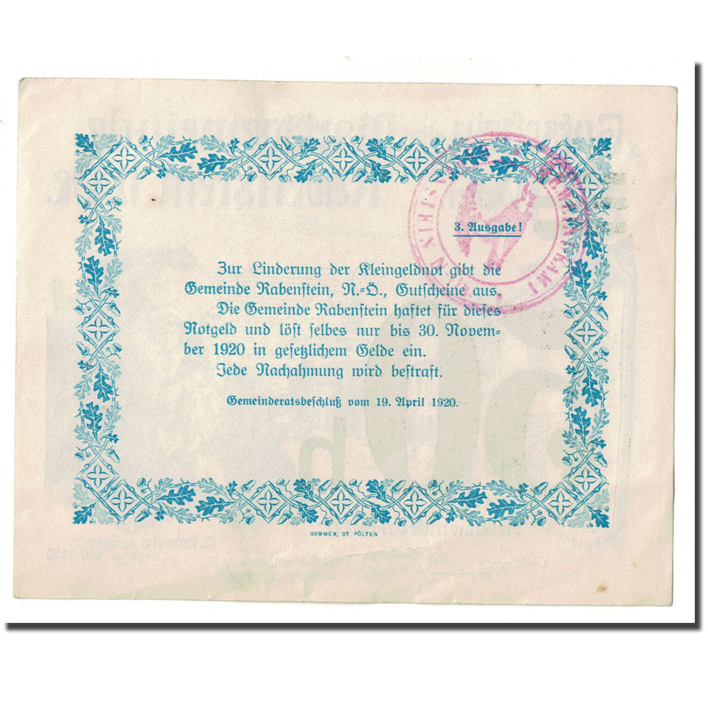 Banknote, Austria, Rabenstein, 50 Heller, paysage 1, 1920, 1920-04-19, UNC(63)