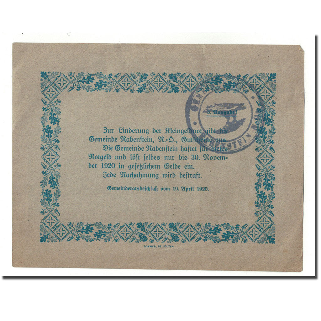 Banconote, Austria, Rabenstein, 50 Heller, paysage 2, 1920, 1920-04-19, SPL