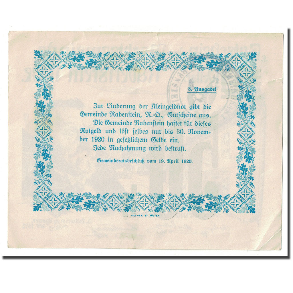 Banknote, Austria, Rabenstein, 50 Heller, paysage 4, 1920, 1920-04-19, UNC(63)