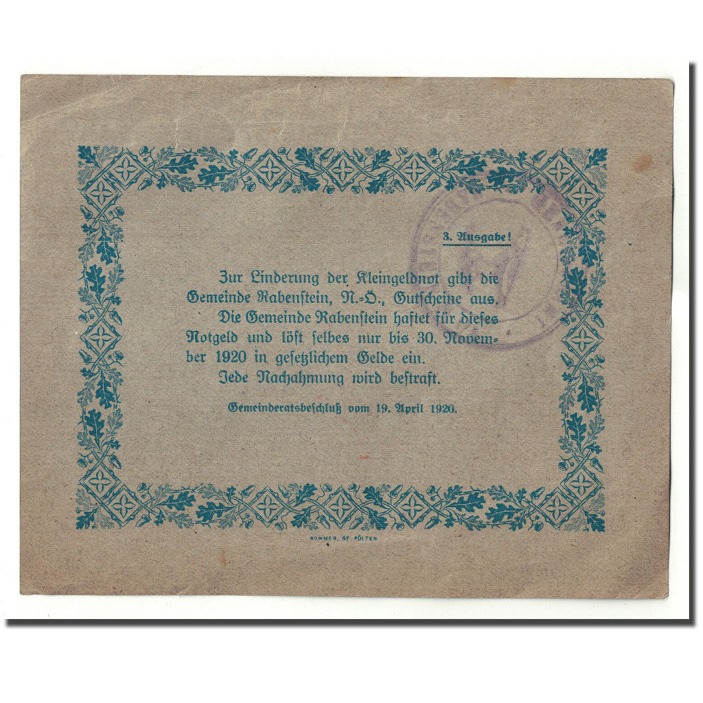 Banknote, Austria, Rabenstein, 50 Heller, paysage 5, 1920, 1920-04-19, UNC(63)