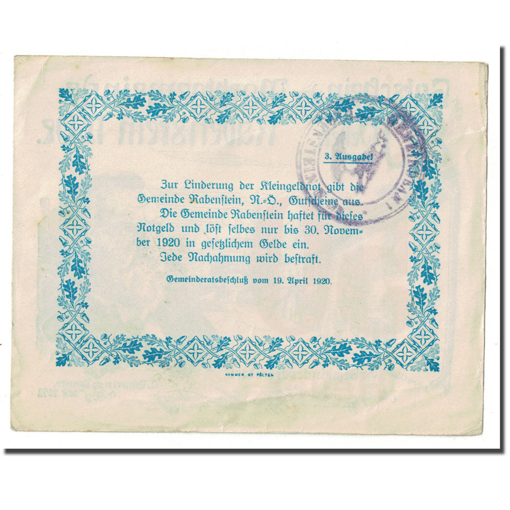 Banknote, Austria, Rabenstein, 50 Heller, paysage 6, 1920, 1920-04-19, UNC(63)