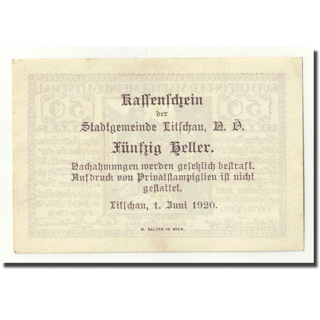 Banknote, Austria, Litschau, 50 Heller, paysage, 1920, 1920-06-01, UNC(63)