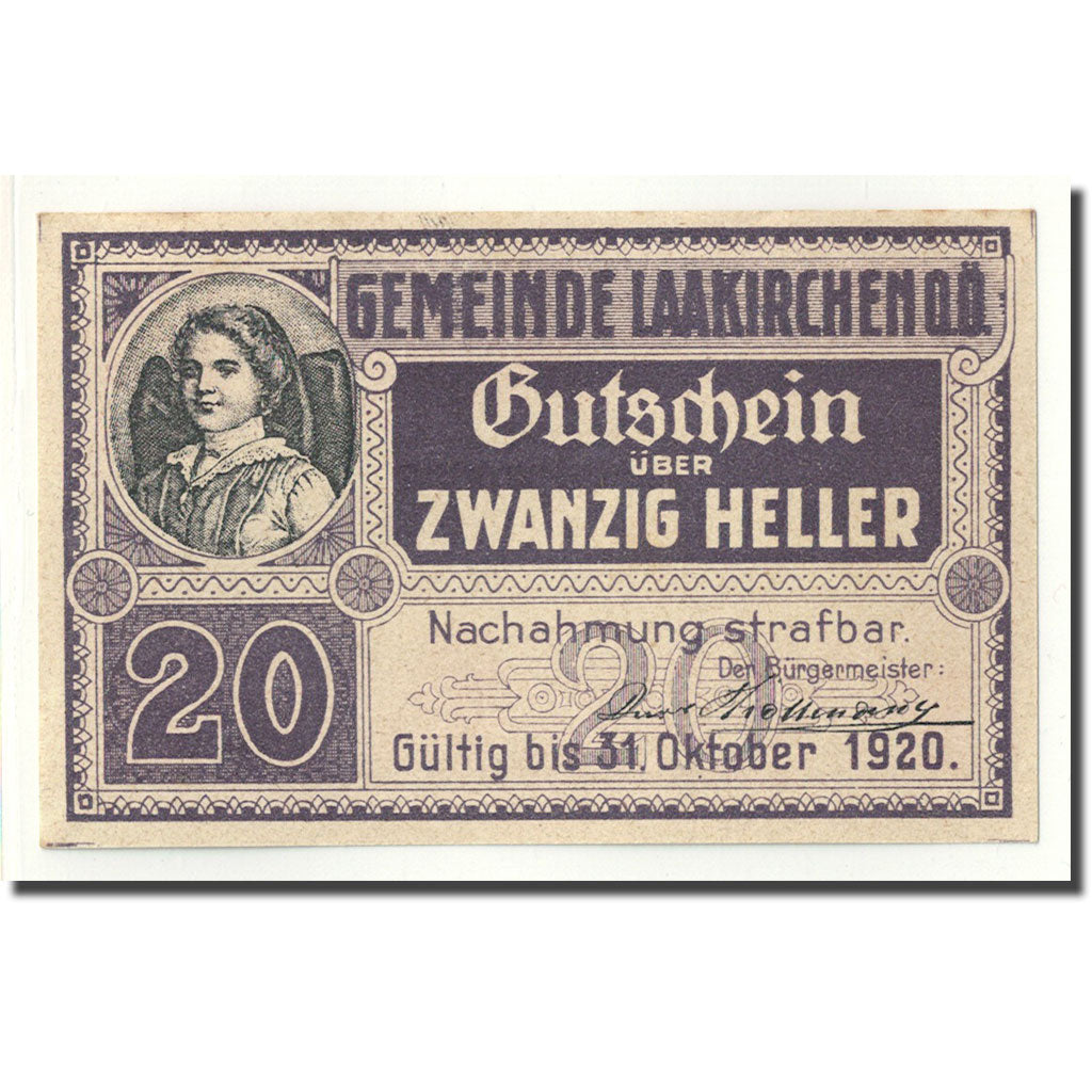 Banknote, Austria, Laakirchen, 20 Heller, portrait, 1920, UNC(63), Mehl:FS 494b