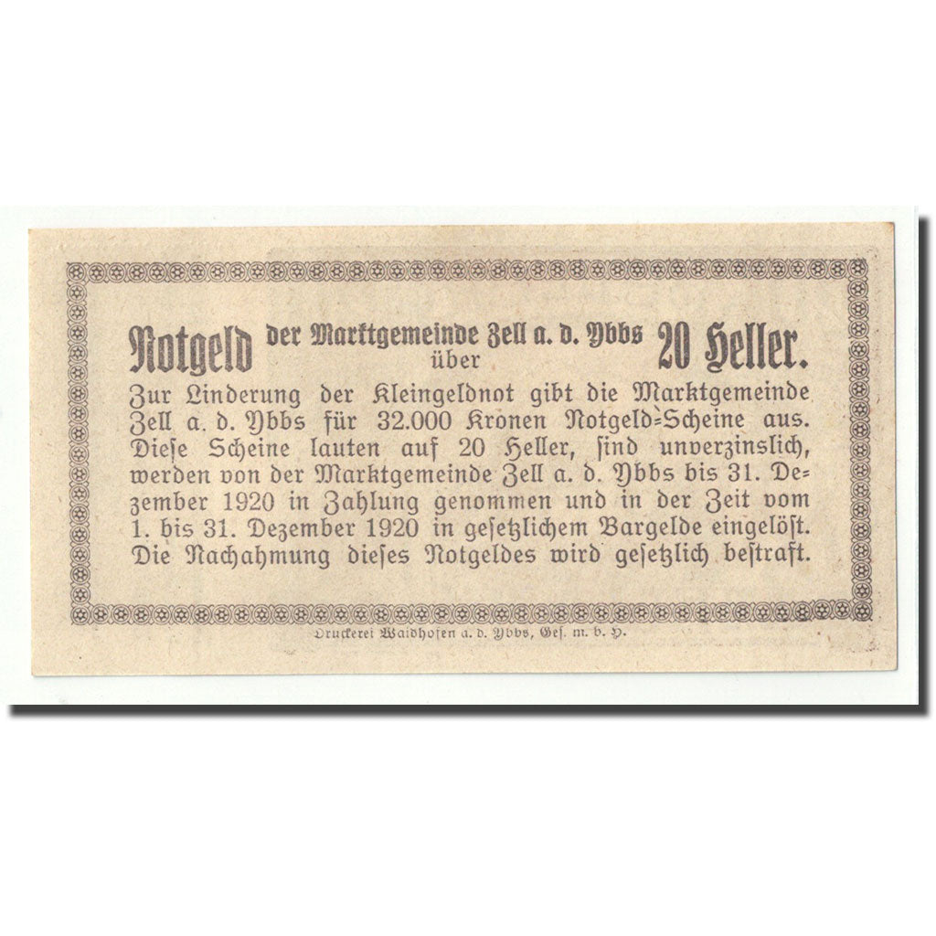 Banknote, Austria, Zell a/d Ybbs, 20 Heller, Ecusson, 1920, 1920-04-10, UNC(63)