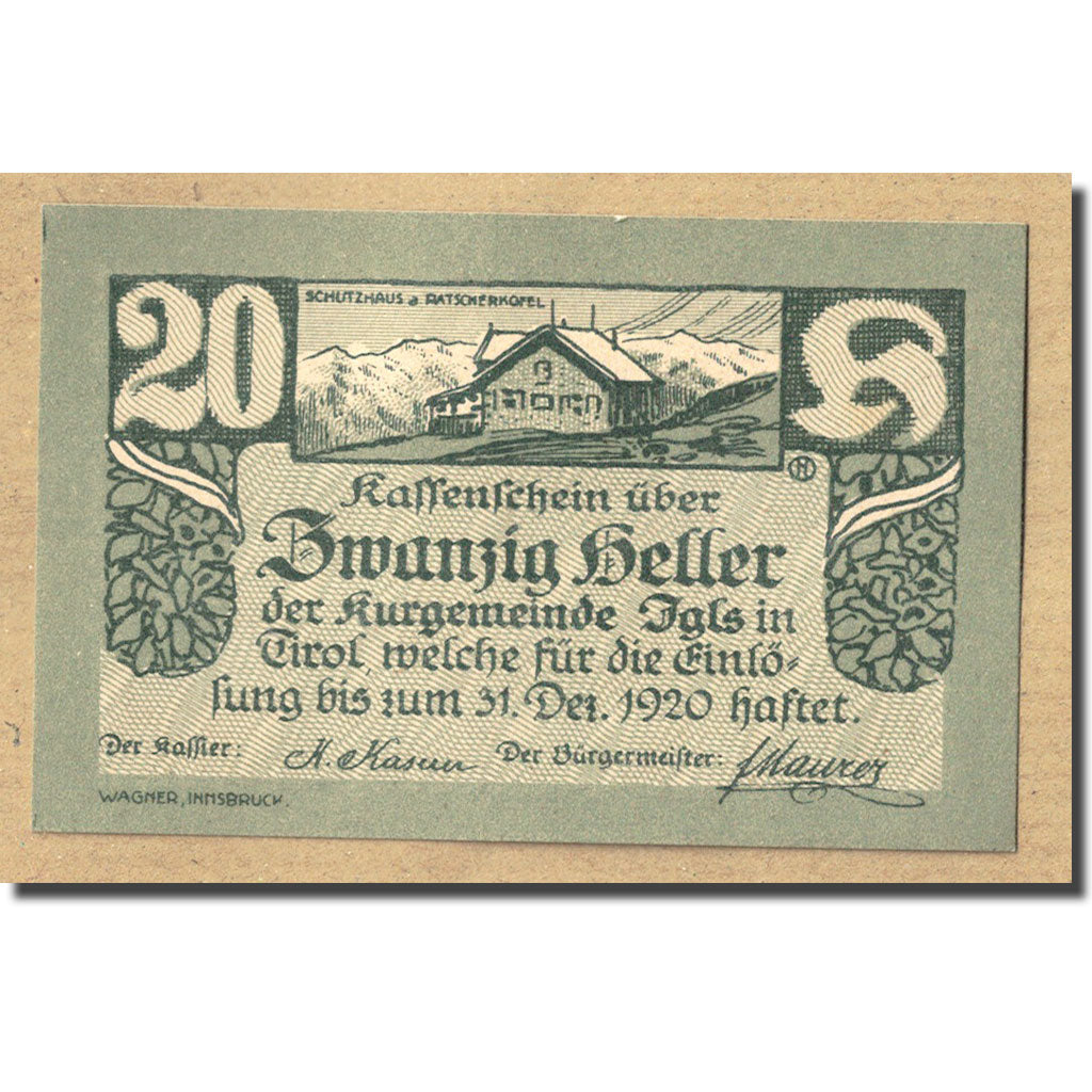 Geldschein, Österreich, Igls, 20 Heller, paysage, 1920, UNZ-, Mehl:FS 403