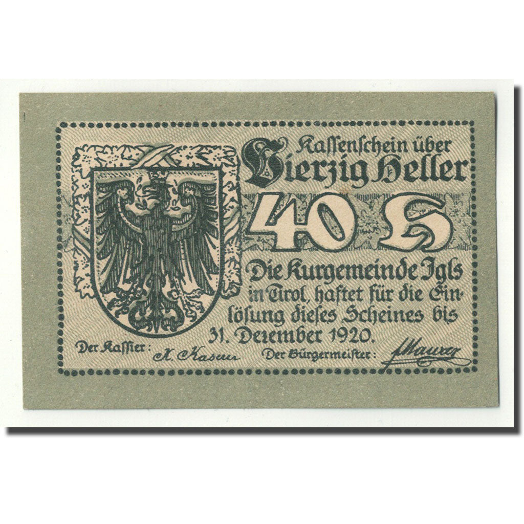 Geldschein, Österreich, Igls, 40 Heller, paysage, 1920, UNZ-, Mehl:FS 403