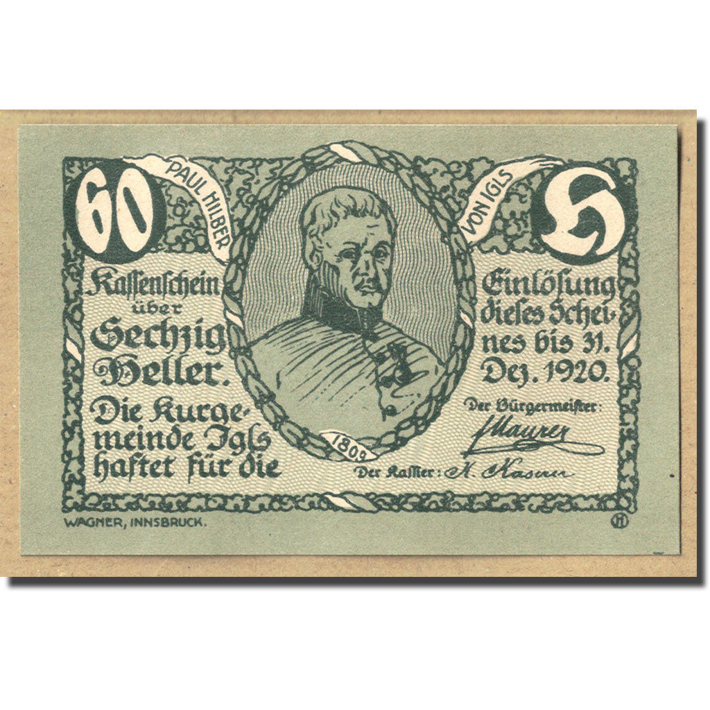 Banknote, Austria, Igls, 60 Heller, paysage, 1920, UNC(63), Mehl:FS 403