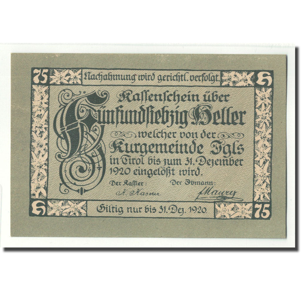 Geldschein, Österreich, Igls, 75 Heller, paysage, 1920, UNZ-, Mehl:FS 403