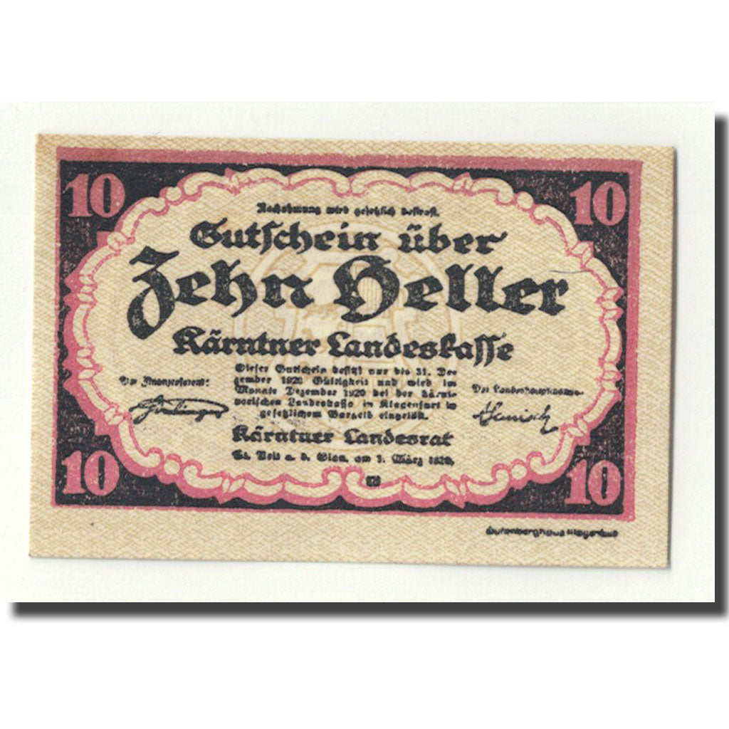 Geldschein, Österreich, Kärntner, 10 Heller, Ecusson, 1920, 1920-03-01, UNZ-