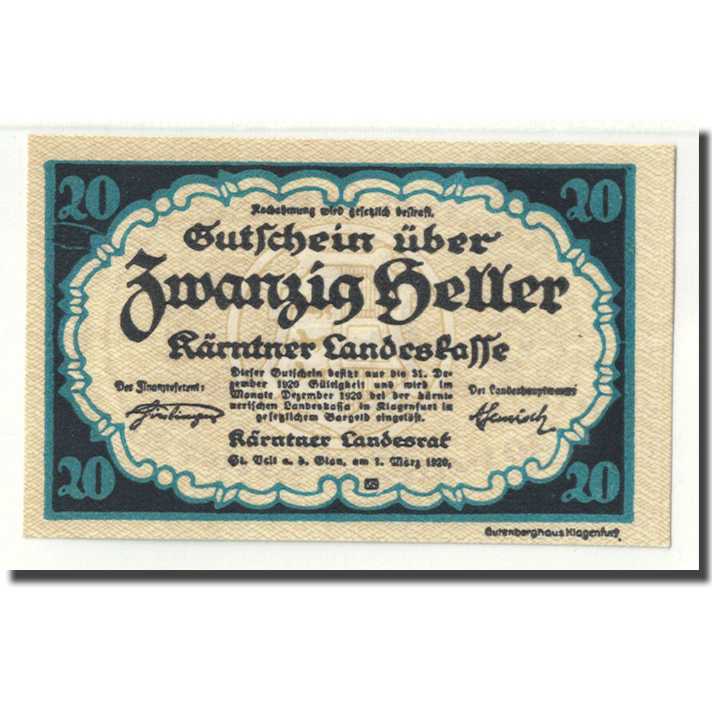 Geldschein, Österreich, Kärntner, 20 Heller, Ecusson, 1920, 1920-03-01, UNZ-