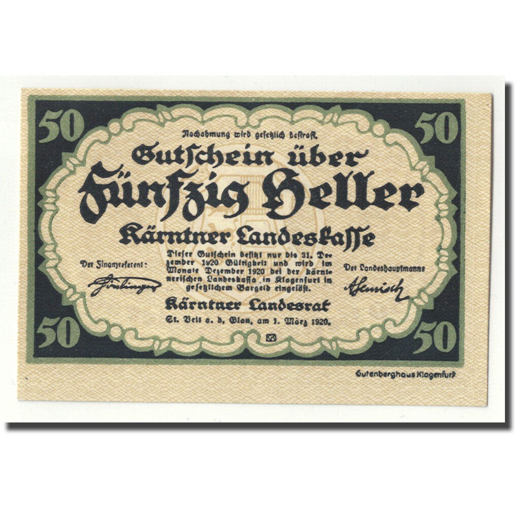 Geldschein, Österreich, Kärntner, 50 Heller, Ecusson, 1920, 1920-03-01, UNZ-