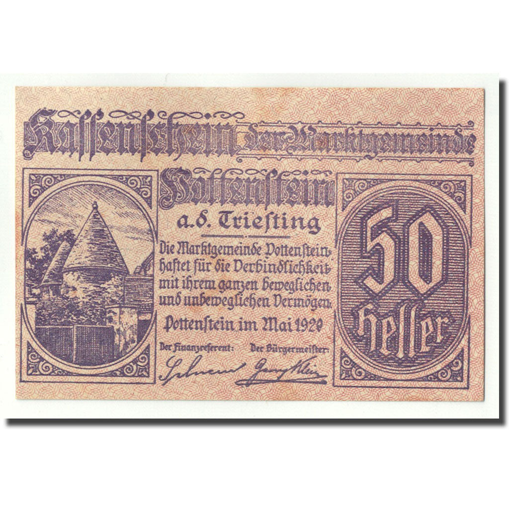 Banknote, Austria, Pottenstein, 50 Heller, tour 1, 1920, UNC(63)