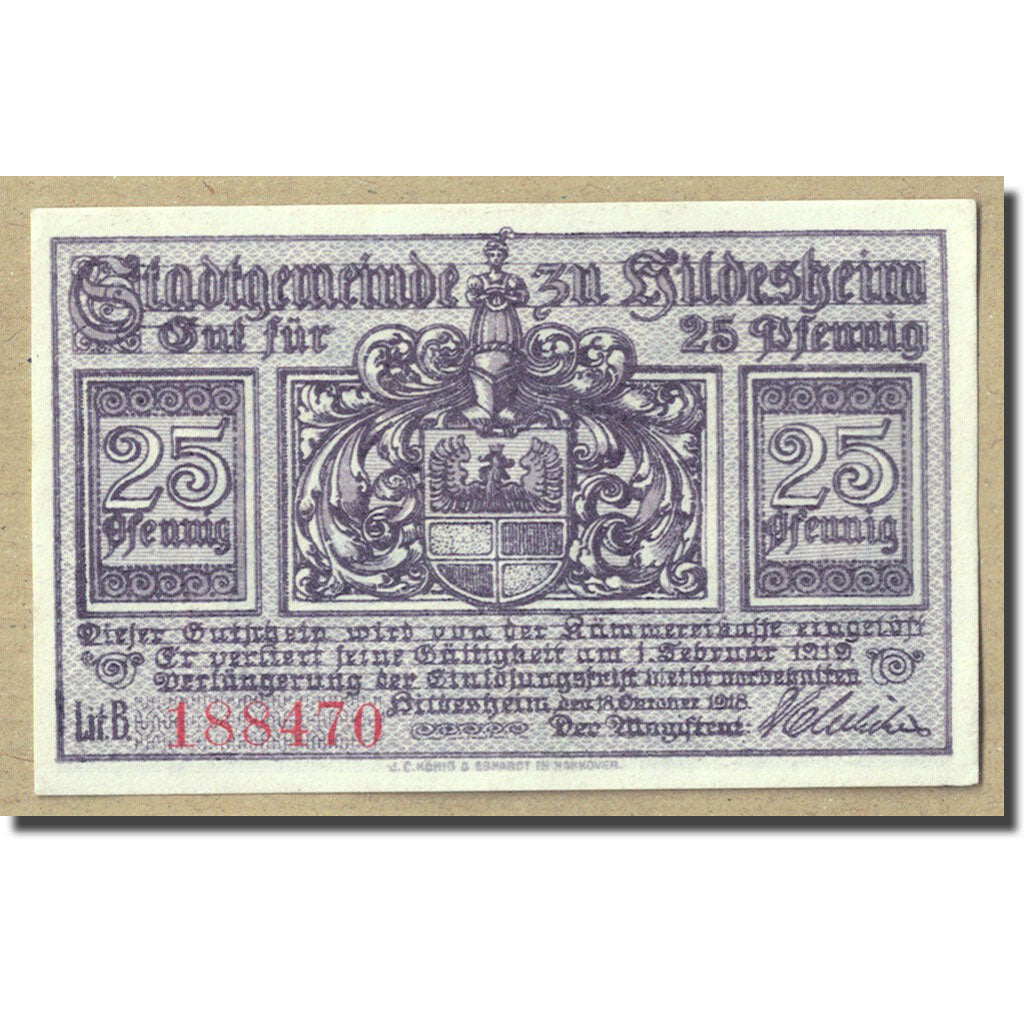 Banknote, Germany, Hildesheim, 25 Pfennig, Ecusson, 1918, 1918-10-18, UNC(63)