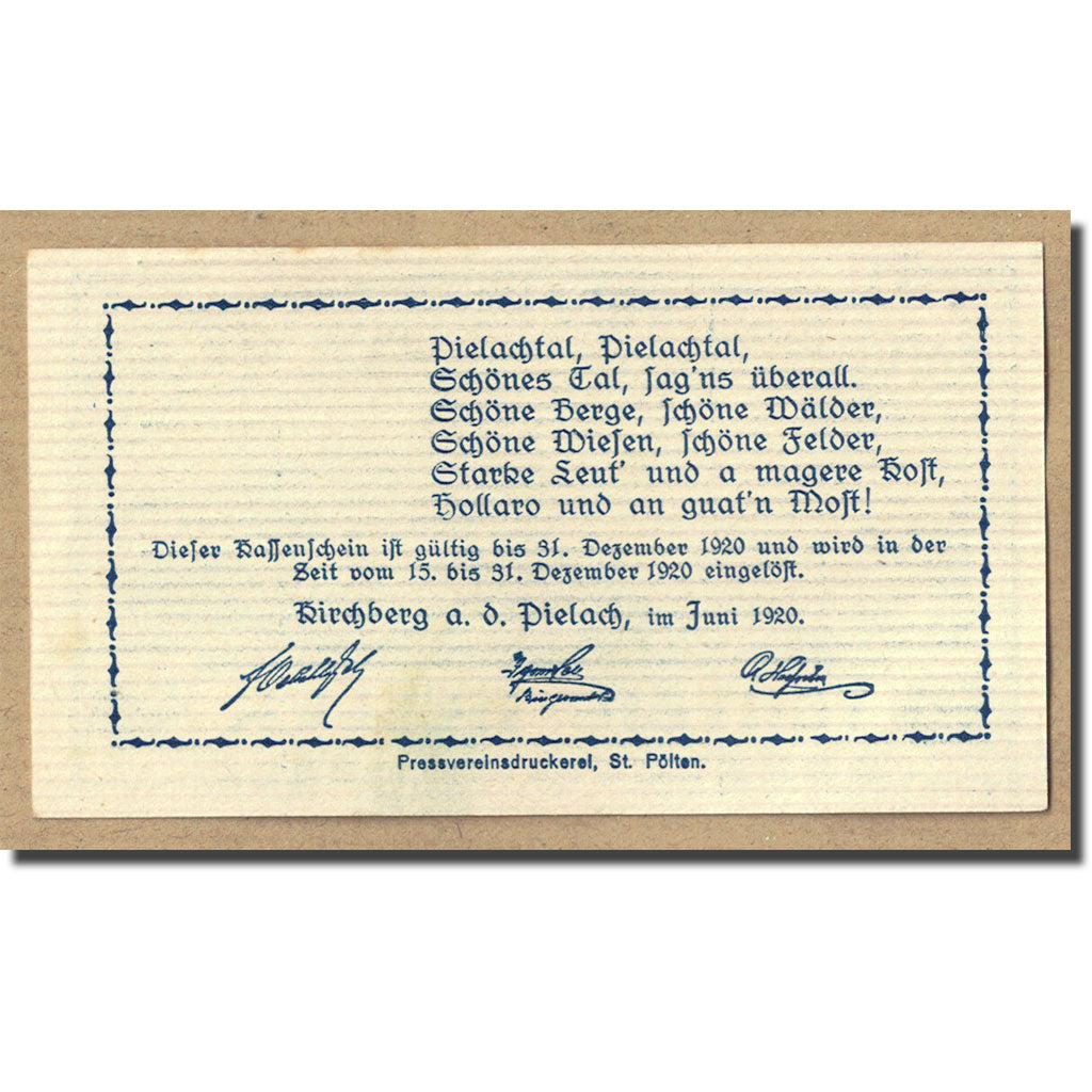 Banknote, Austria, Kirchberg an der Pielach, 50 Heller, paysage, 1920, UNC(63)
