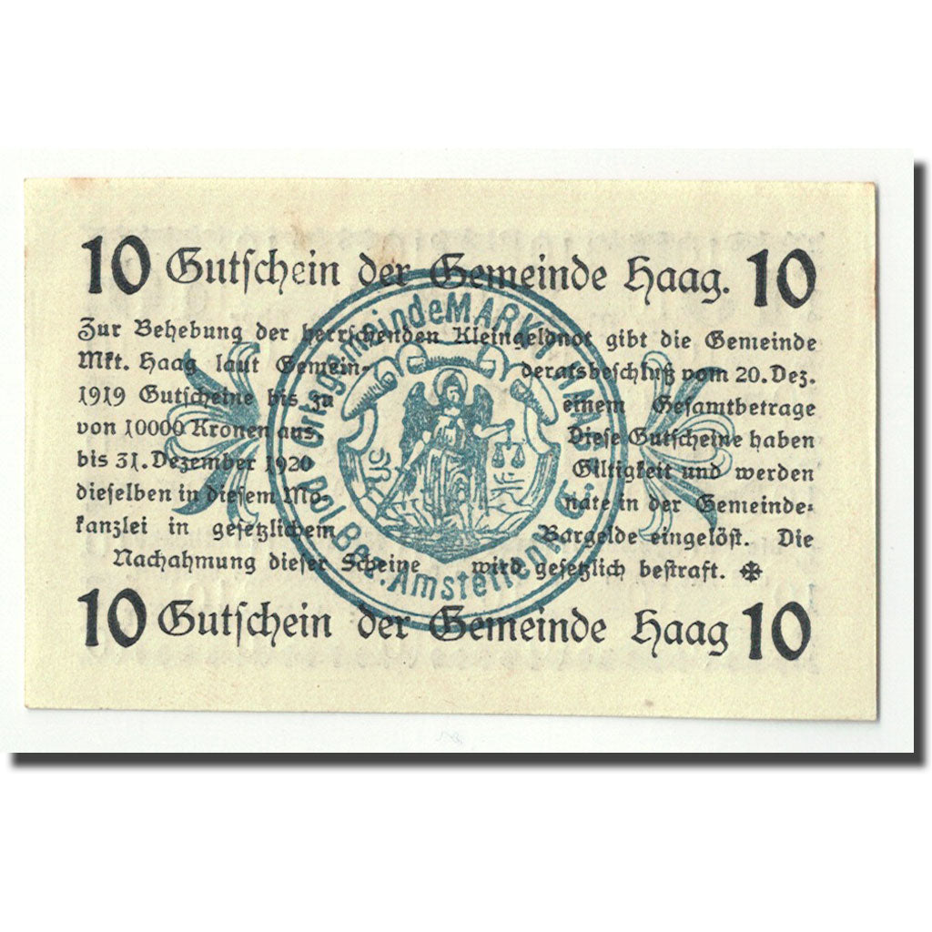 Banknote, Austria, Haag, 10 Heller, Ecusson, 1919, 1919-12-20, UNC(63), Mehl:FS