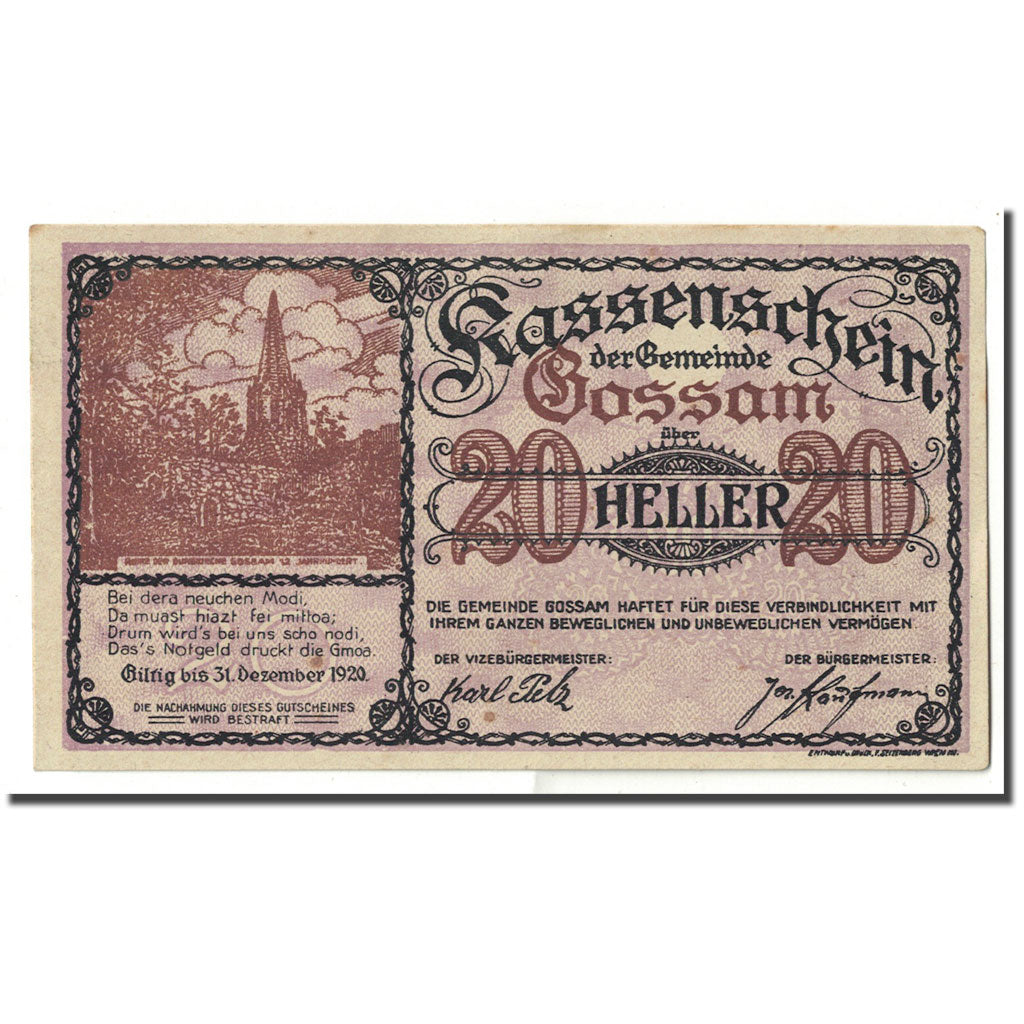 Banknote, Austria, Gossam, 20 Heller, Eglise, UNC(63), Mehl:FS 252b