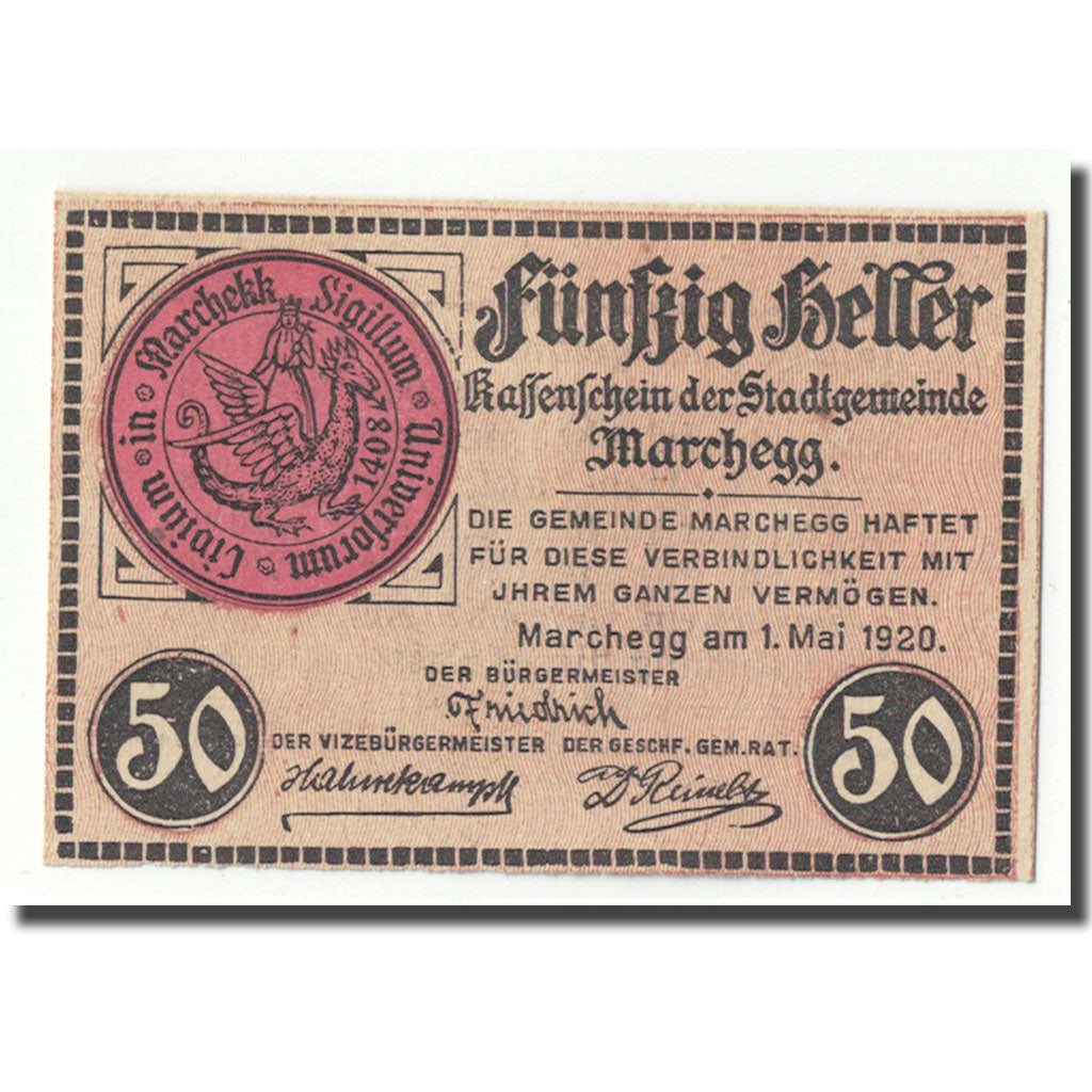 Banknote, Austria, Marchegg, 50 Heller, Ecusson, 1920, 1920-05-01, UNC(63)