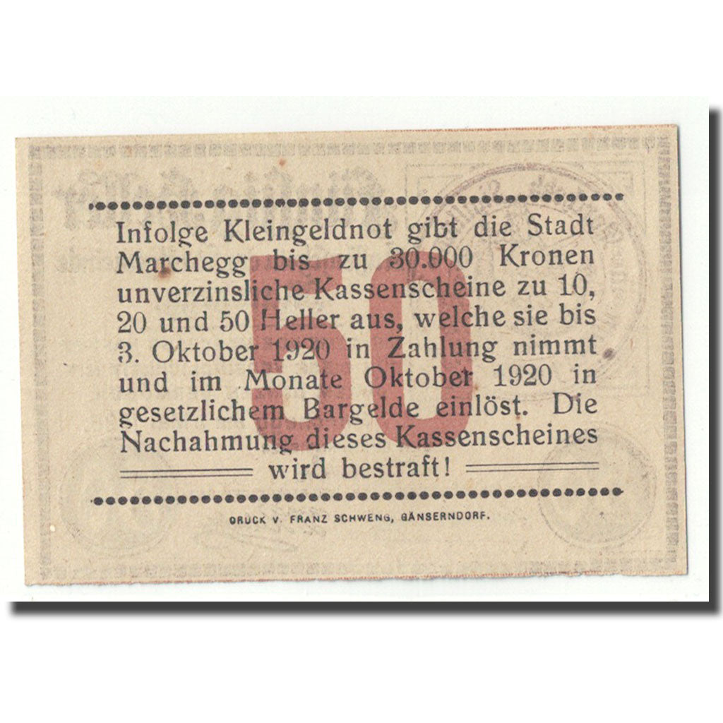 Banknote, Austria, Marchegg, 50 Heller, Ecusson, 1920, 1920-05-01, UNC(63)