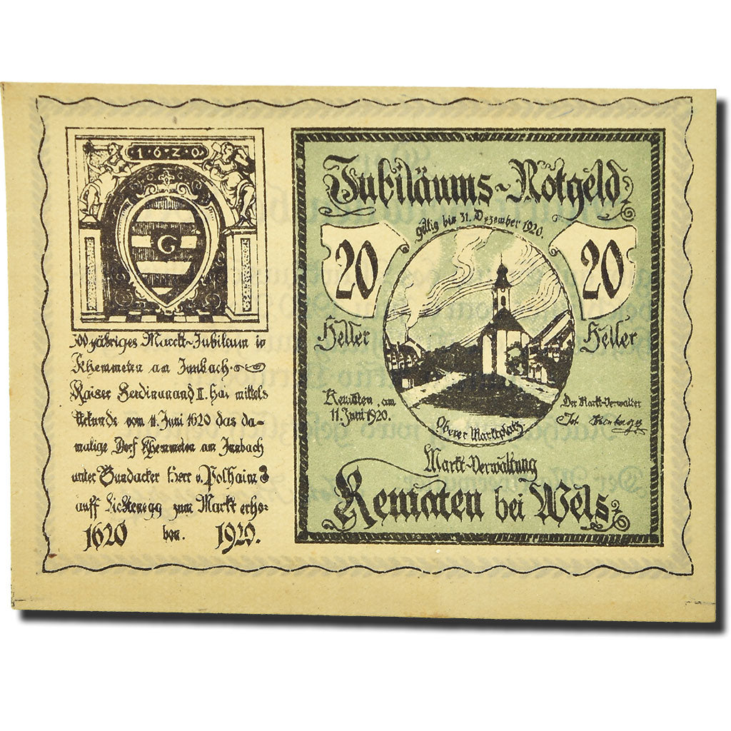 Geldschein, Österreich, Kematen an der Krems, 20 Heller, Eglise, 1920