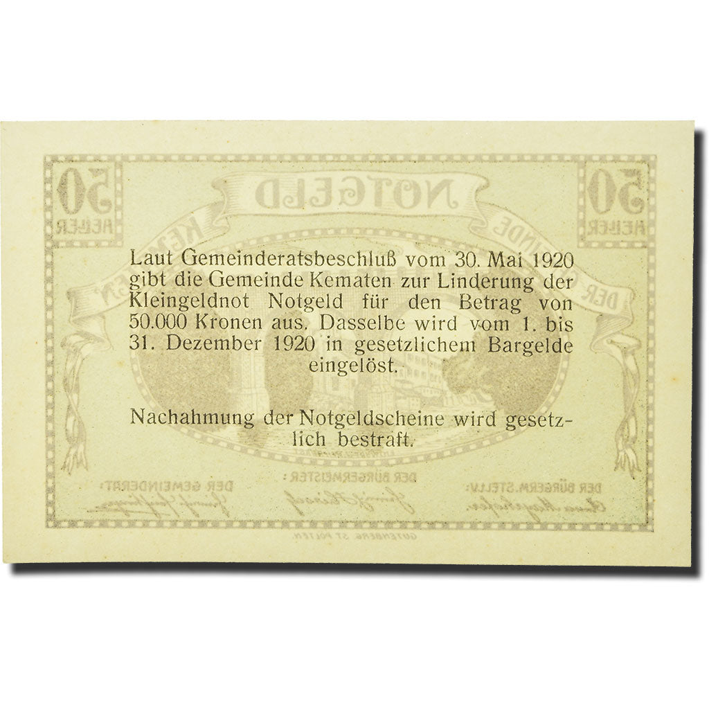 Geldschein, Österreich, Kematen an der Krems, 50 Heller, pont, 1920