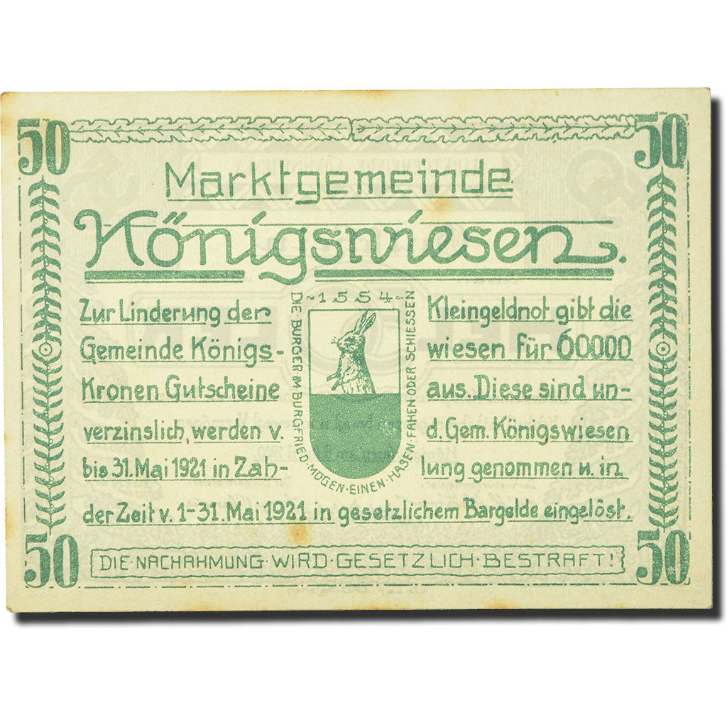 Banknote, Austria, Konigswiesen, 50 Heller, lapin, 1920, 1920-04-06, UNC(63)